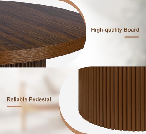 Round 31.5“ Unique Fluted Coffee Table,Small Brown Wood Tea Table,Mid Century Modern Boho Circle Rustic Center Table for Living
