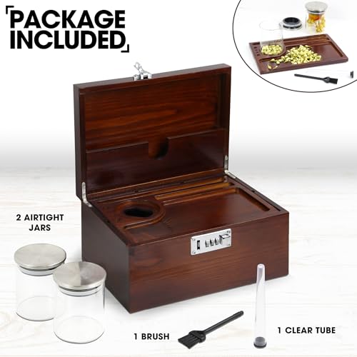 Large Kit - Wooden Storage Box with Decorative Tray & Lock, 2 Jars. Decorative Box for Home Gifts Locking Storage - Unique Gift