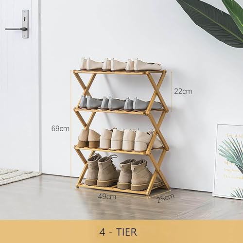 4 Tier Bamboo Shoe Rack,Portable Folding Shoe Storage Rack,Without Installation Small Shoe Rack Perfect for Corridors, Bedrooms