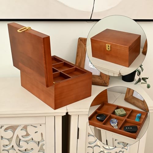 Wooden Decorative Keepsakes Storage Box with Hinged Lid, Adjustable Tray and Divider