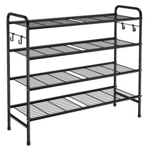 4-Tier Shoe Rack 33" Wide Metal Shoe Organizer Long Shoe Storage with 4 Side Hooks Sturdy Shoes Shelf for Closet, Front Door