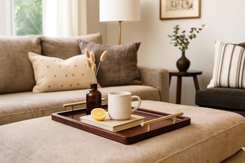 Acacia Wood Serving Tray – 17" x 13" Ottoman Tray with Metal Handles for Coffee Table, Breakfast, Snacks, Tea, Food – Decorative