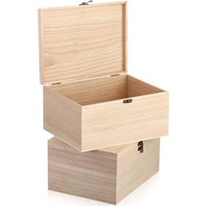 2 Pcs Large Unfinished Wooden Box with Hinged Lid and Front Clasp, Rectangle Unpainted Crafts DIY Wood Boxes Treasure Chest