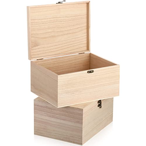 2 Pcs Large Unfinished Wooden Box with Hinged Lid and Front Clasp, Rectangle Unpainted Crafts DIY Wood Boxes Treasure Chest
