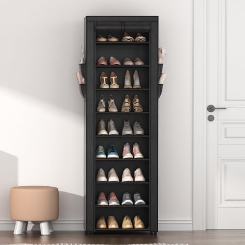 Shoe Rack with Cover Narrow Shoe Organizer with 4 Side Pockets 10 Tier Tall Shoe Storage Holds 18-22 Pairs Shoes and Boots Shoe