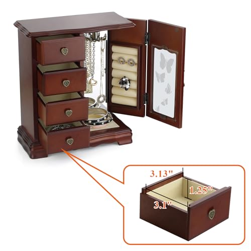 Solid Wooden Jewelry Box Makeup and Organizer Women Ring Storage with 4-Drawers Built-in Necklace Carousel and Mirror Brown