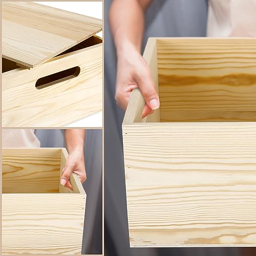 Wooden Storage Box 15 x 12 x 7 Inches Pine Wood Decorative Crate Box with Hand Holes and Lid Plain Unpainted Wooden Storage Bins