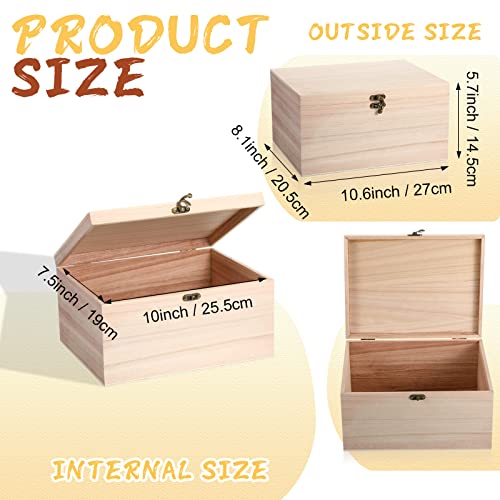 2 Pcs Large Unfinished Wooden Box with Hinged Lid and Front Clasp, Rectangle Unpainted Crafts DIY Wood Boxes Treasure Chest