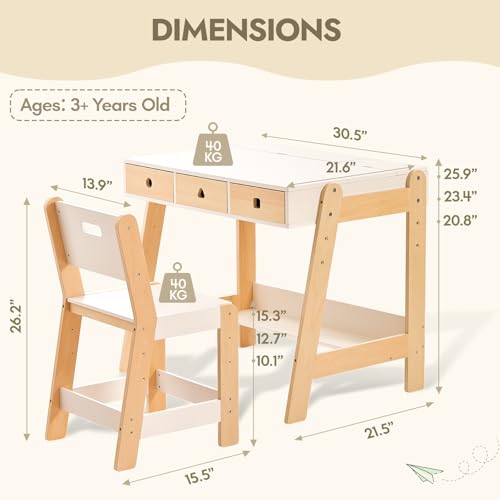 Kids Wooden Table and Chair Set, Study Desk and Chair Set with Storage Drawer, White Learning Table with Cabinets for Boys and