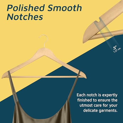 Wooden Clothes Hangers – with 360 Degree Swivel Hook and Non-Slip Shoulder Notch, Holds Up to 10 lbs, Pants Bar Design,