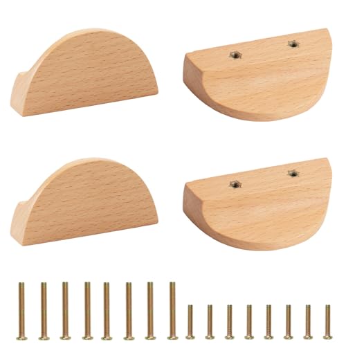 Half Moon Drawer Handles, 4PCS Wooden Semi Circle Pulls Beech Wood Wardrobe Hardware Double Hole Handle for Cabinet Door