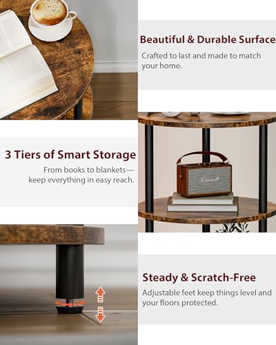 Small Round End Table - 3 Tier Design Accent Table, Narrow Side or Bedside Stand, Industrial Vintage Nightstand for Bedroom,