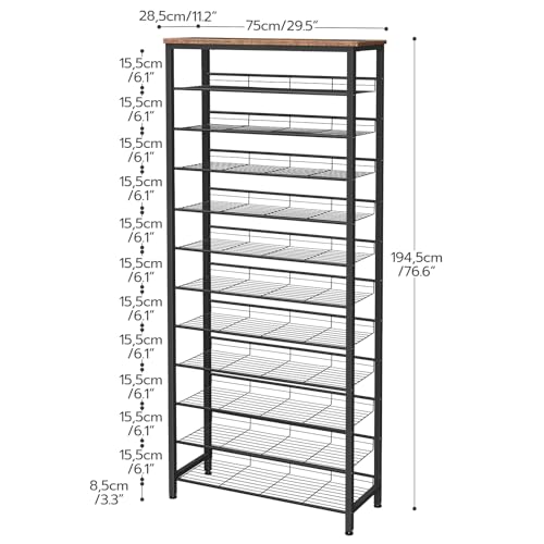 12-Tier Shoe Rack, Large Capacity Shoe Storage Organizer for 35-45 Pairs of Shoes, Standing Shoe Shelf with Slanted Shelves, for