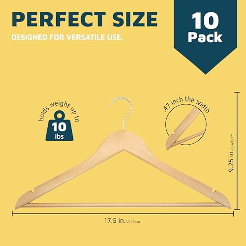 Wooden Clothes Hangers – with 360 Degree Swivel Hook and Non-Slip Shoulder Notch, Holds Up to 10 lbs, Pants Bar Design,