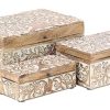 Mango Wood Floral Decorative Box Decorative Keepsake Boxes with Hinged Lid, Set of 3 Storage Boxes 8", 10", 12"W, Brown