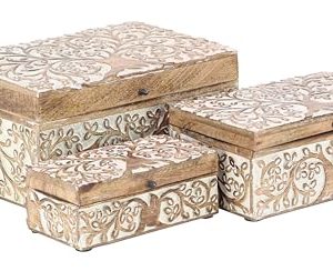 Mango Wood Floral Decorative Box Decorative Keepsake Boxes with Hinged Lid, Set of 3 Storage Boxes 8", 10", 12"W, Brown