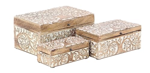 Mango Wood Floral Decorative Box Decorative Keepsake Boxes with Hinged Lid, Set of 3 Storage Boxes 8", 10", 12"W, Brown
