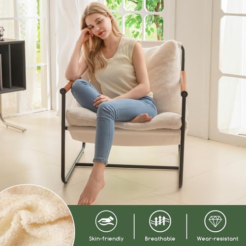 Modern Accent Chair, Living Room Chair with Wood Armrests, Shredded Foam Cushion, and Sturdy Metal Frame Reading Chair, Beige