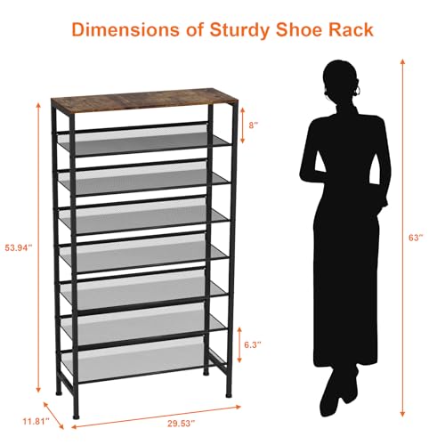 Large Shoe Rack 8 Tier Shoe Organizer, Heavy Duty Metal Shoe Storage Vertical Shoe Rack for Closet Front Door Entrance, Up to 28