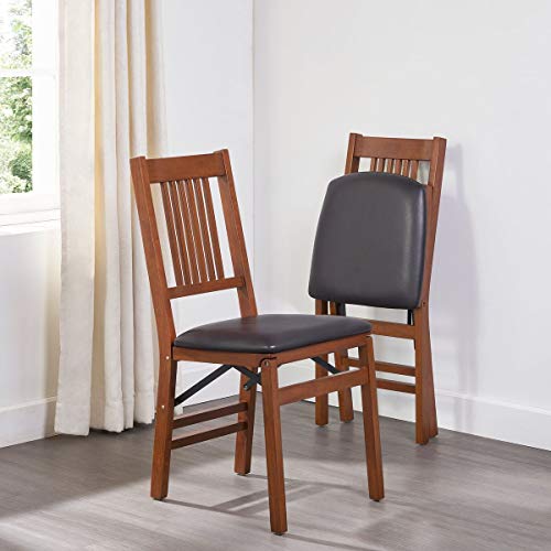 Stakmore True Mission Wooden Folding Chairs with Padded Seats, Set of 2 - No Assembly Foldable Dining Chairs, Steel Folding