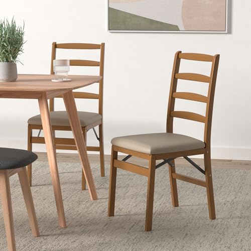 Stakmore Shaker Ladderback Wooden Folding Chairs with Padded Seats, Set of 2 - No Assembly Foldable Dining Chairs, Steel Folding
