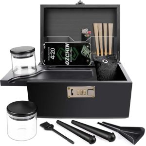 Bamboo Smell Proof Container Locking Box, Large Wooden Storage Box with Glass Jar, Christmas Gifts for Men Women, Home Decor &