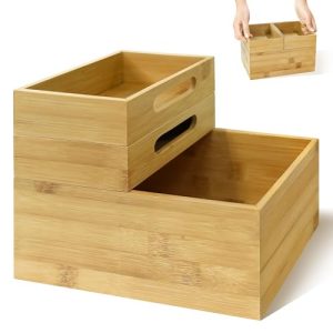 3-Piece Stackable Bamboo Storage Box, Office Desk Organizer, Wooden Boxes for Makeup Drawer Organizer Bathroom, Office Supplies,