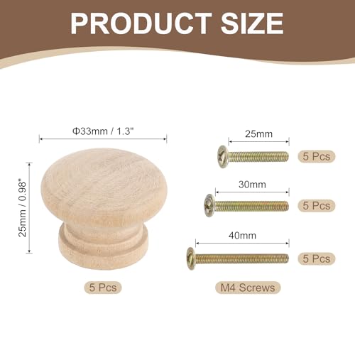 5Pcs Round Wood Drawer Knob, 1.3" x 0.98" Round Cabinet Knobs Mushroom Shape Wooden Knobs with Screws for Furniture Drawer