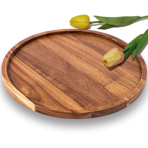 13.8 Inch Wooden Serving Tray,Round Wooden Decorative Serving Tray for Coffee Table and Home Decor, Round Wood Trays for Table