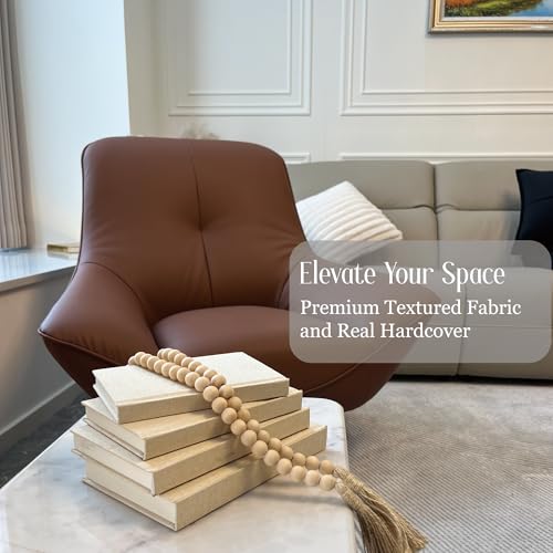 Linen Covered Decorative Books 4 Pieces, Neutral Home Decor Coffee Table Books with Wooden Beaded Tassel, Stacked Books for