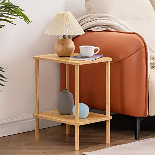 2 Tier End Table, Small Side Table with Solid Wood Legs, Boho Bedside Table with Storage Shelf, Nightstand for Small Spaces,