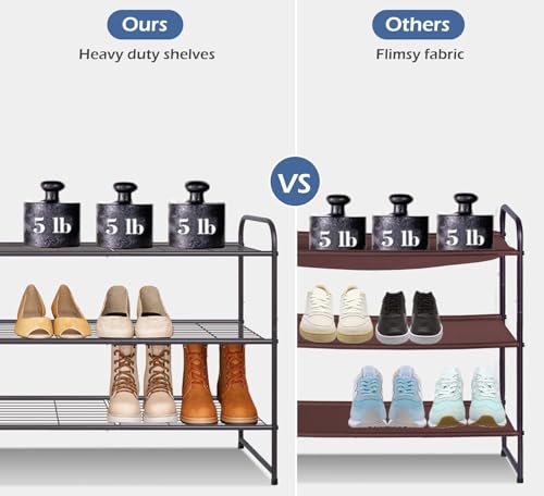 Long 3 Tier Shoe Rack for Closet Wide Shoe Storage Organizer Stackable Metal Shoe Shelf for 24 Pairs Men Sneakers with Wire Grid