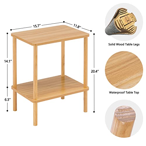 2 Tier End Table, Small Side Table with Solid Wood Legs, Boho Bedside Table with Storage Shelf, Nightstand for Small Spaces,