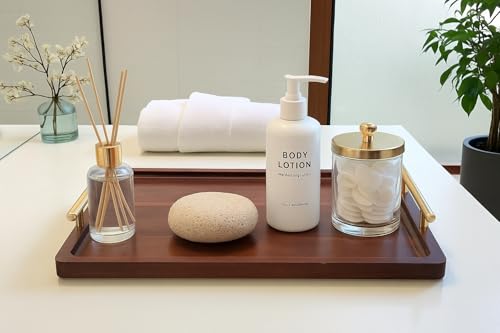 Acacia Wood Serving Tray – 17" x 13" Ottoman Tray with Metal Handles for Coffee Table, Breakfast, Snacks, Tea, Food – Decorative