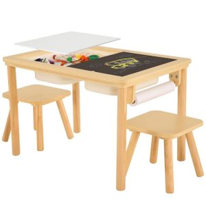 Sensory Table for Toddlers 1-3 with 2 Chairs & Roll Paper, Wooden Kid Activity Table Chair Set with Double-Sided Boards and 2