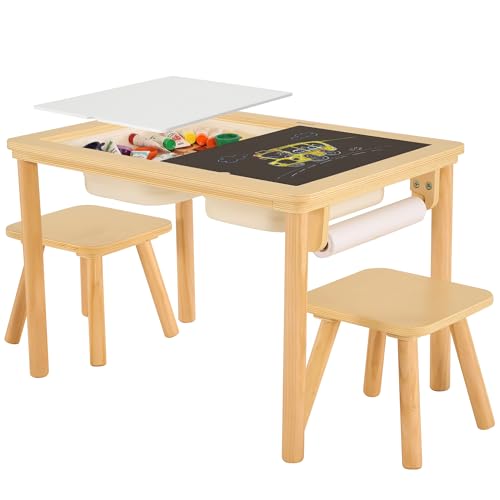 Sensory Table for Toddlers 1-3 with 2 Chairs & Roll Paper, Wooden Kid Activity Table Chair Set with Double-Sided Boards and 2