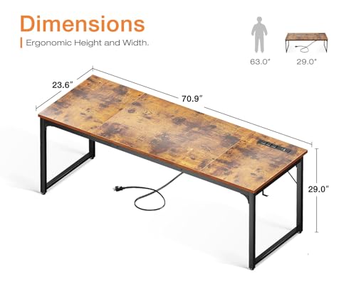 71 Inch Computer Desk with USB Ports, Large Office Desk, Long Study Student Writing Desk, Rustic Brown