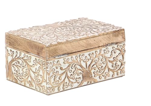 Mango Wood Floral Decorative Box Decorative Keepsake Boxes with Hinged Lid, Set of 3 Storage Boxes 8", 10", 12"W, Brown