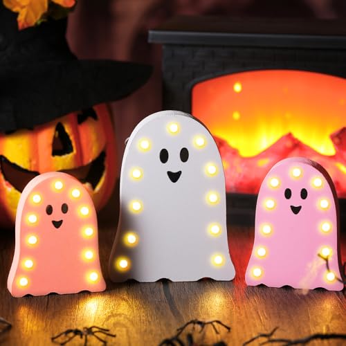 3 Pcs Halloween Ghost Light Decor Halloween LED Marquee Light Up Wooden Signs Pink Ghost Table Centerpiece Decor for Indoor