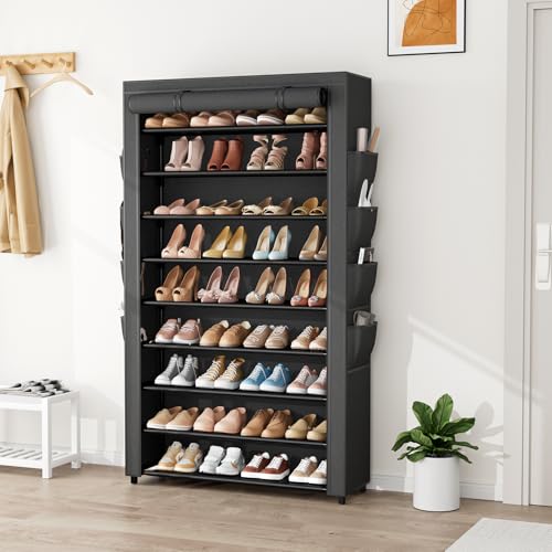 Shoe Rack with Cover, 10 Tier Shoe Organizer Storage for 40-50 Pairs Sneaker and Boots, Large Capacity, with 8 Pockets, Free