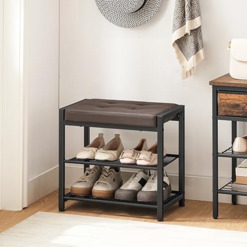 Small Shoe Bench, 3-Tier Shoe Rack, Shoe Storage Bench with PU Seat Cushion, Entryway Shoe Rack Bench with Metal Mesh Shelves,