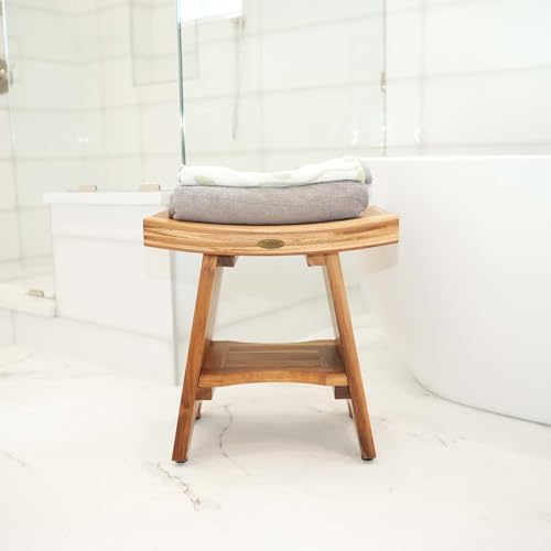 18 Inch Serenity 300 Pound Capacity Waterproof Teak Wood Shower Bench Stool Seat Chair For Inside Shower Storage Shelf Provides