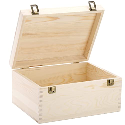 Extral Large Unfinished Wooden Box, 13 x 10 x 6.5 inch Natural Unfinished Pine Wood Box with Hinged Lid and Front Clasp for DIY
