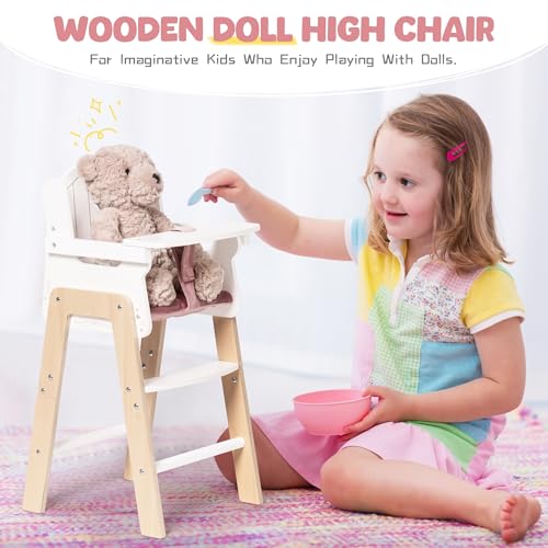 Wooden Baby Doll High Chair, Pink Wooden Baby Doll Chair for 18 Inch Dolls, Pretend Play High Chair Baby Doll Accessories, Small