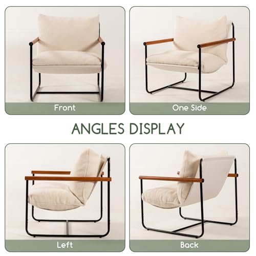 Modern Accent Chair, Living Room Chair with Wood Armrests, Shredded Foam Cushion, and Sturdy Metal Frame Reading Chair, Beige