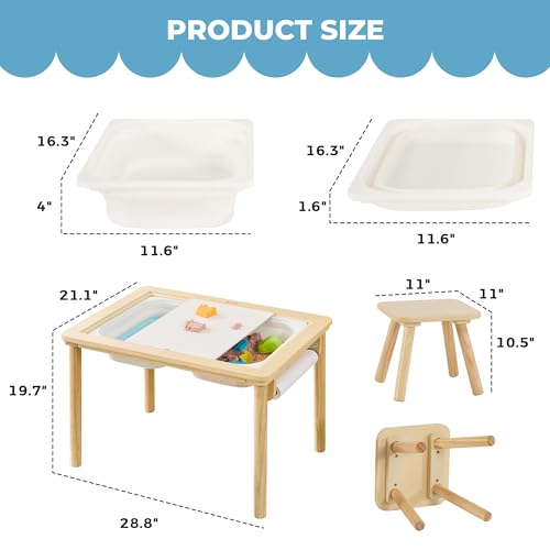 Sensory Table for Toddlers 1-3 with 2 Chairs & Roll Paper, Wooden Kid Activity Table Chair Set with Double-Sided Boards and 2
