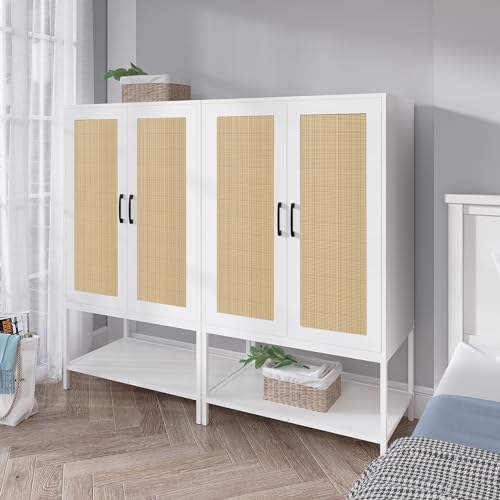 Wardrobe Closet,Rattan Bedroom Armoires with 2 Doors,Wooden Wardrobe Cabinet with Shelves and Hanging Rod for Clothes,White