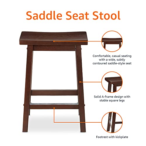 Solid Wood Saddle-Seat Kitchen Counter Barstool with Footrest, Easy Assembly - 24-Inch Height - Walnut - Set of 2