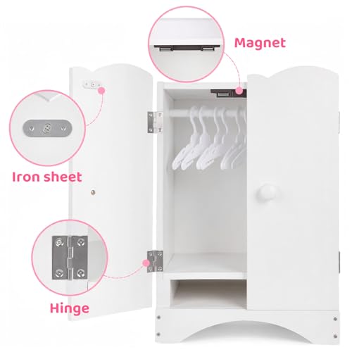 Wooden Baby Doll Closet, Wooden Furniture Armoire Dolls Wardrobe for Baby Doll Clothes Storage, Fit 12-16 Inch Doll Clothes,