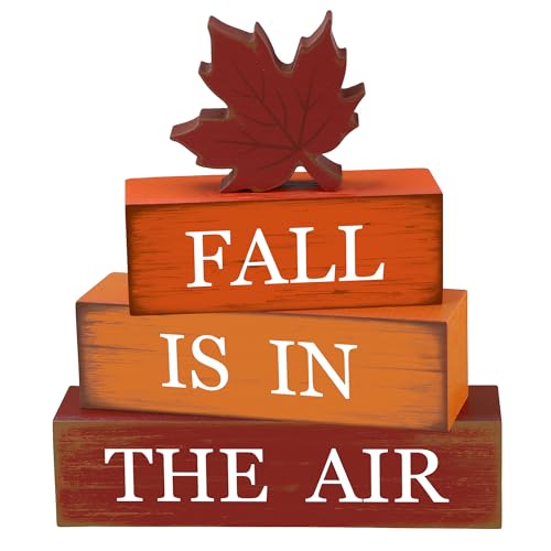 4 PCS Fall Maple Leaf Wooden Table Block Sign Thanksgiving Wood Tiered Tray Decor Fall is in the Air Block Centerpiece Rustic